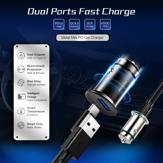 ROCK 30W Dual Ports QC4.0 PD3.0 Type C Fast Car Charger For iPhone XS Xiaom