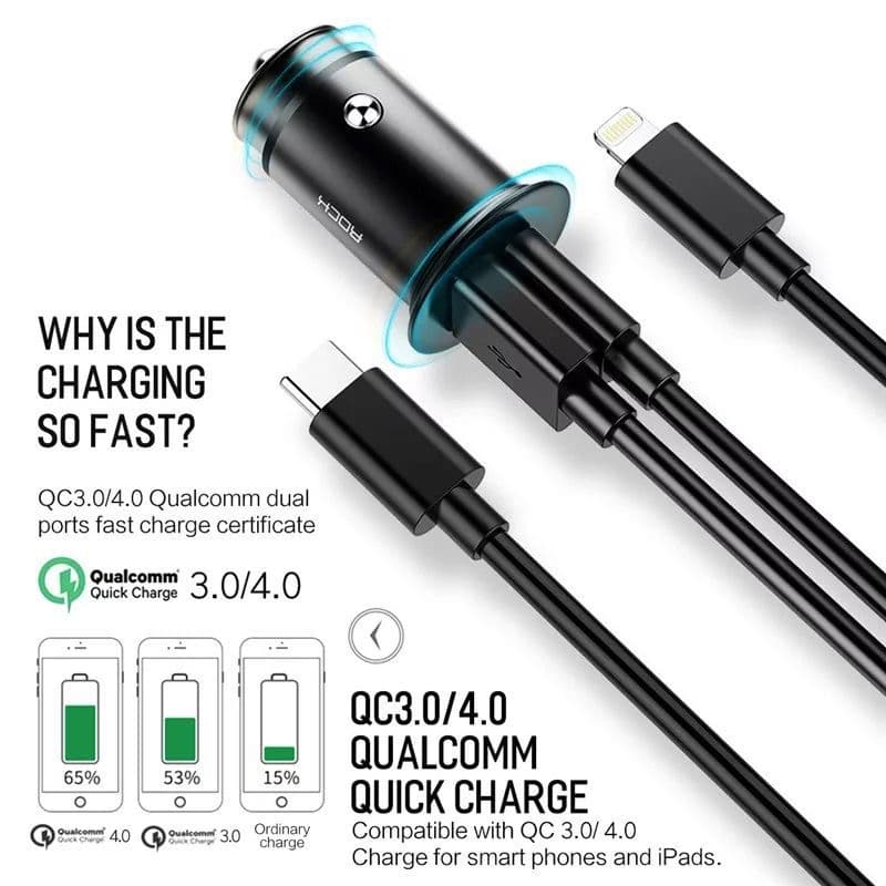 ROCK 30W Dual Ports QC4.0 PD3.0 Type C Fast Car Charger For iPhone XS Xiaom